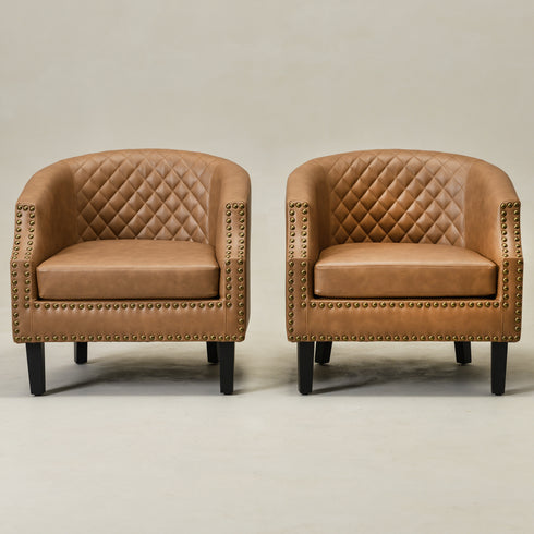 Louis Faux Leather Tufted Club Chair - Camel Accent Chair | Decorative Accent Chairs | Kinwell Furniture | Modern Club Chairs | Barrel Club Chair | Nailhead Trim Chair | Contemporary Faux Leather Chair | Elegant Camel Chair